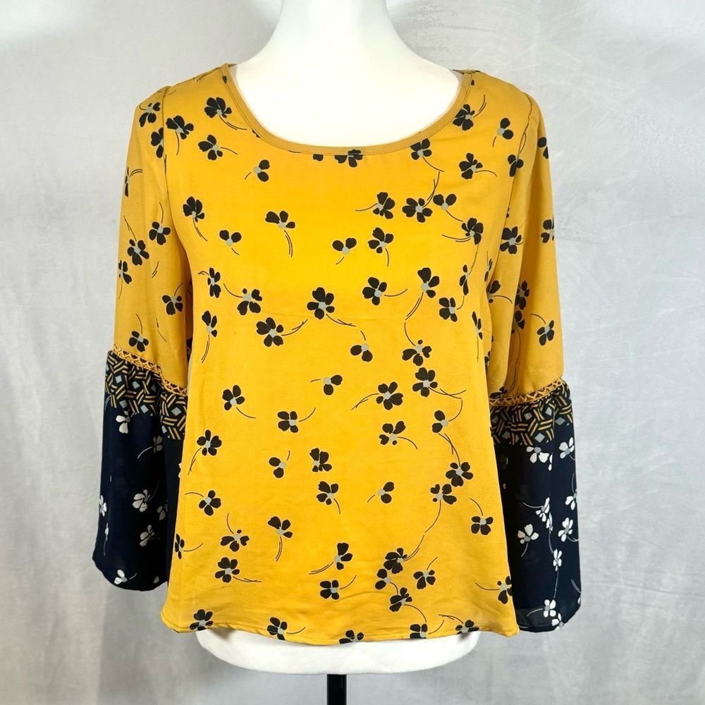 Mustard yellow and navy bell sleeve boho top size small